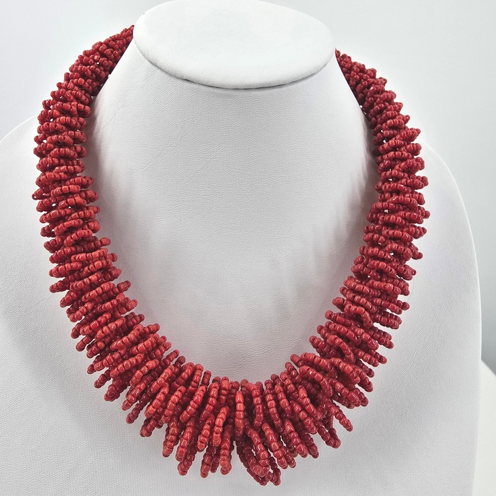 Vintage Red Seed Bead Multi Strand Fringe Statement Necklace 19 Inch Boho